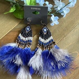 Express Beaded Feather Statement Earrings Blue White Boho Fringe